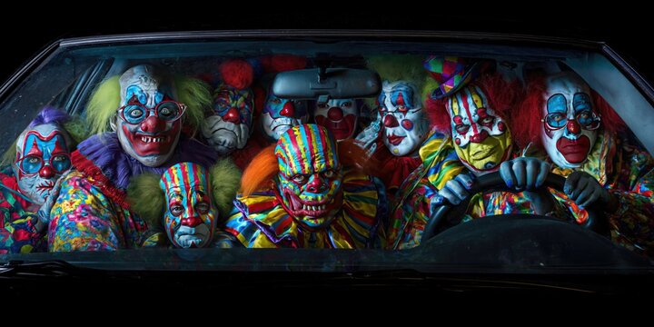 clowns packed inside of a car - circus performers driving vehicle
