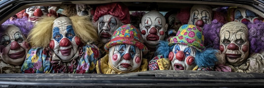 clowns packed inside of a car - circus performers driving vehicle