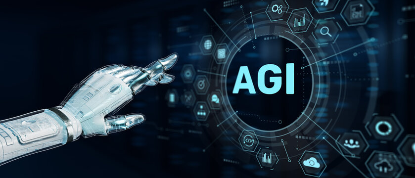 GI Artificial General Intelligence Concept with Robotic Hand Interaction Advanced AI Systems Cognitive Computing and Future Digital Automation Technologies.