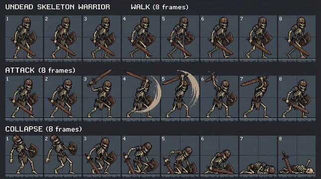 Pixel art undead skeleton warrior animation sprite sheet for games