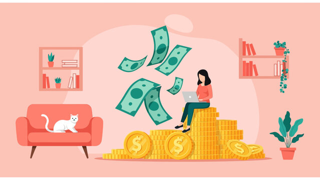 Financial Success Illustration of a woman working on a laptop while sitting on a stack of gold coins with floating money, ideal for financial planning blogs and perfect for passive income concepts.