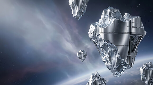 Futuristic space scene with metallic asteroids floating in galaxy