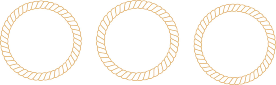 Round marine rope border vector set featuring golden twisted cord circular frames for nautical seal or emblem decorative design elements
