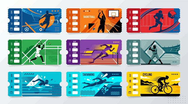 Sport Event Ticket Template Set for Football Basketball Athletics Tennis and Swimming