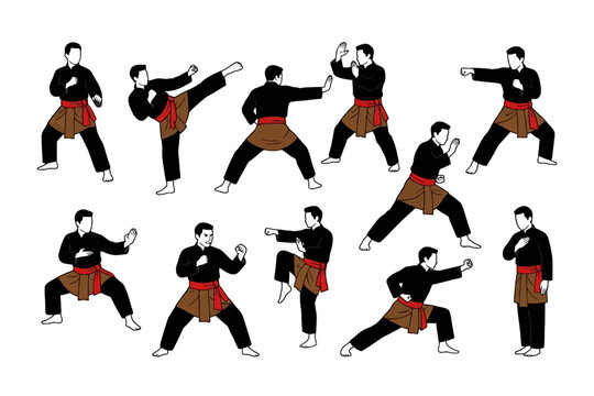 Pencak Silat martial arts poses collection on white background