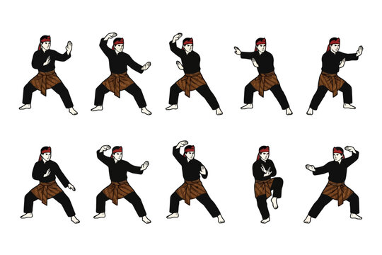 Pencak Silat Martial Artist Stances Illustration Set