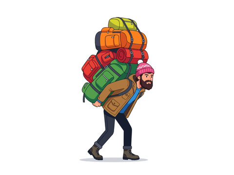 Man carrying heavy stack of backpacks and hiking gear on back