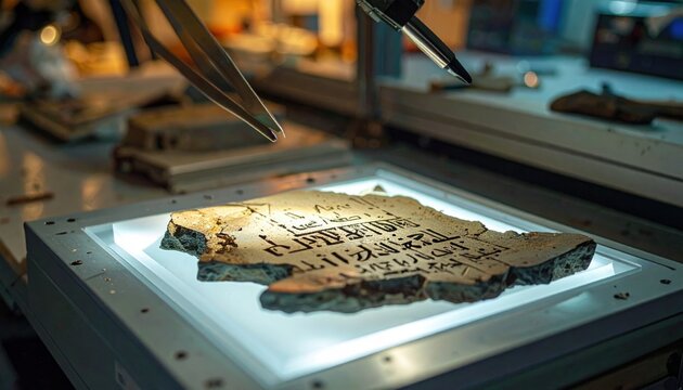 Ancient Phoenician Inscribed Ceramic Fragment Undergoing Detailed Archaeological Examination
