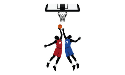 Basketball players jumping for the hoop on white background © Angela