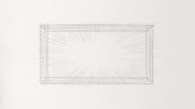 Time lapse static shot of pencil drawing forming rectangular frame on white wall with expanding radial sketch lines