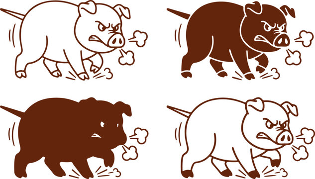 Angry cartoon pig with steam from nose aggressive farm animal upset piglet illustration brown outline and solid fill.