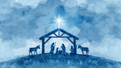 Naklejka premium Watercolor nativity scene with star and stable silhouette
