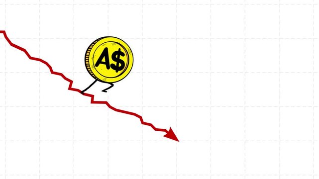 Australian dollar rate still goes down seamless loop. Walking down animated hand drawn coin from Australia country and continent. A$ character falling down fast. Funny business cartoon animation.