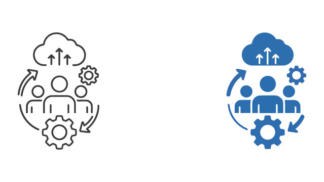 Cloud computing team management icon set illustrating data storage and collaborative workflow integration with gear symbols