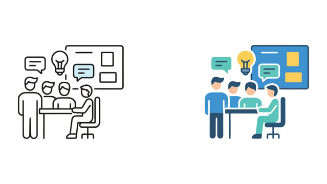 Business team brainstorming with light bulb and speech bubbles in flat and line vector illustration style