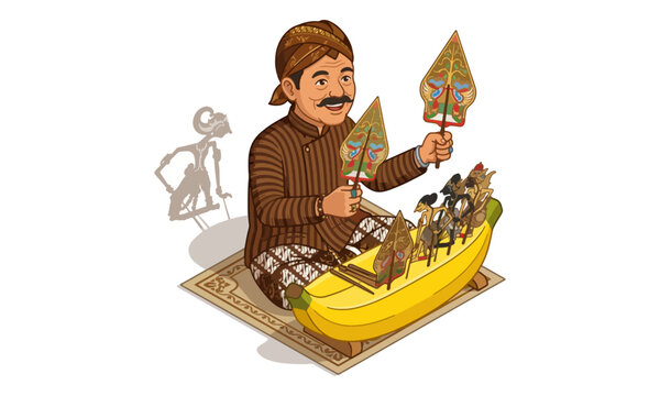 Javanese Dalang Puppet Master Performing Wayang Kulit Shadow Play