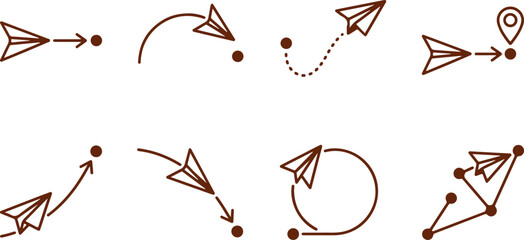 Set of eight paper airplane and travel path icons isolated on transparent background transport theme. © Sadhin