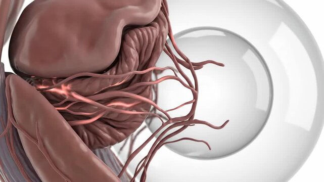 Close-up 3D CGI Render of Human Eye Anatomy with Blood Vessels and Lens