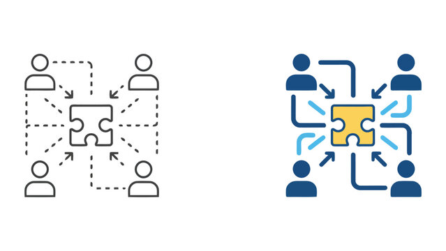 Business integration and team puzzle connection icons showing centralized problem solving and collaborative strategy in flat and linear graphic design styles