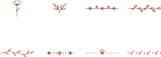 Delicate floral decorative elements for borders and dividers on transparent background line art. © Sadhin