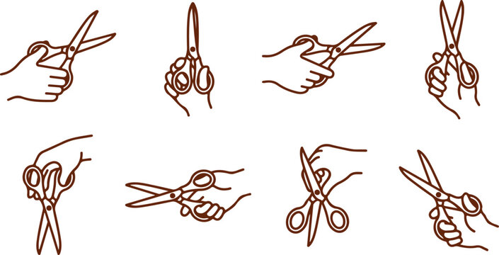 Hands holding and using scissors for cutting hair or fabric in various poses set icons.