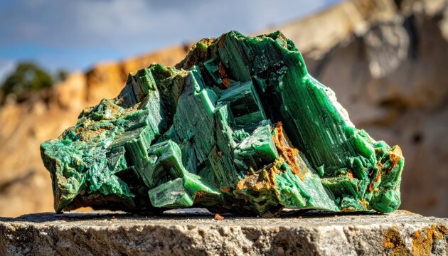 Close-up view of a rough, green uranium ore sample showcasing intricate crystalline structures resting on a concrete surface