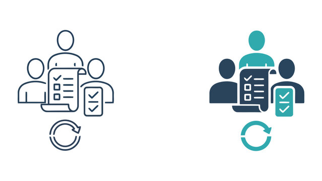 Business project review icon showing team with checklist and refresh symbol representing quality assurance and iterative process improvement for corporate services flat vector illustration