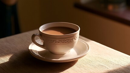 Obraz premium A close up view of a ceramic coffee cup bathed in soft morning light conveying a warm and energetic mood