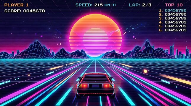 Retro synthwave sportscar driving fast towards a giant glowing sun