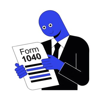 Flat of a blue character in a black suit holding a tax form 1040 document for financial accounting and tax preparation