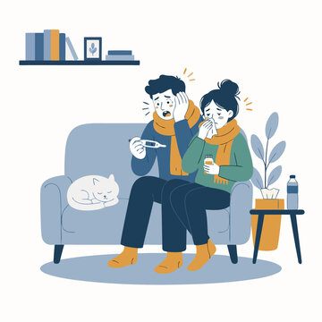 Couple suffering from flu or cold on sofa together