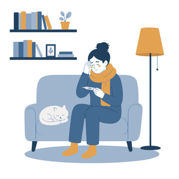 Tired woman with fever checking temperature on sofa with cat