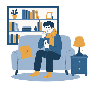 Ill man taking medicine while sitting on sofa at home