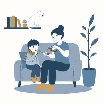 Mother giving cough syrup to sick child on couch