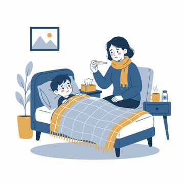 Caring mother checking sick son's temperature in bed