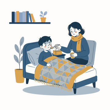 Mother giving medicine to sick little boy in bed at home