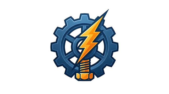 Pixel art icon featuring blue gear cog with yellow lightning bolt and bolt screw showing industrial power and maintenance