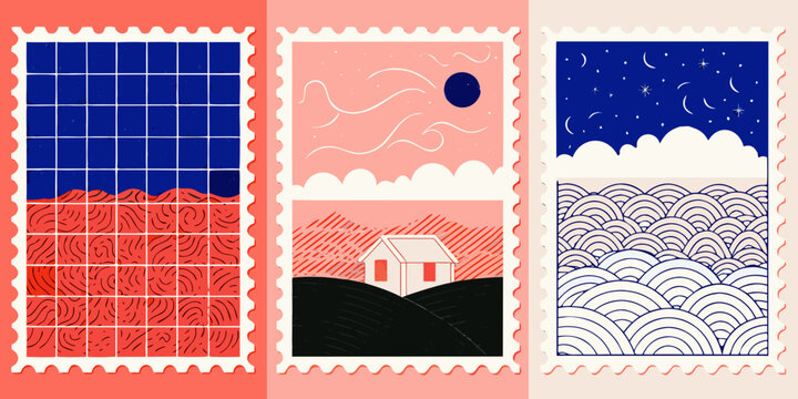 postage stamp style illustrations with wavy patterns