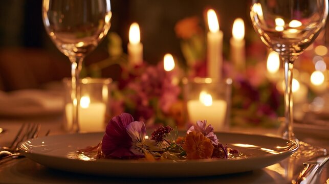 Eyelevel medium shot showcasing empty wine glasses with a delicately plated vegan menu featuring edible blossoms highlighted by intimate warm candlelight and shallow depth