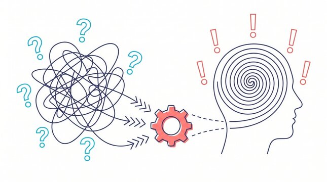 tangled lines and gear transforming into spiral head business analytics