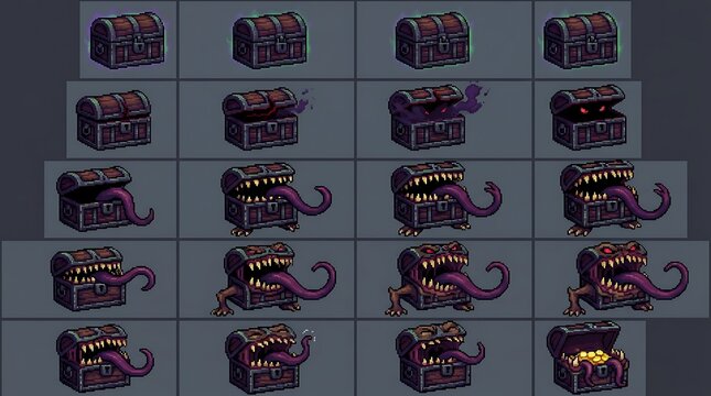 Pixel art mimic treasure chest animation frames for fantasy video games