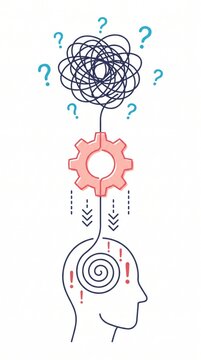 human head profile with gear mechanism and tangled lines business analytics