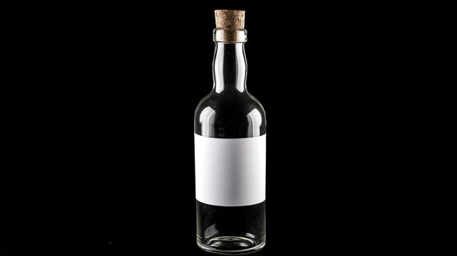 Branding mockup of unbranded transparent empty glass bottle with cork stopper, two blank white labels of different sizes on neck and body, minimalist glass product studio shot on pure black background
