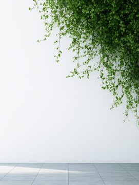 Lush green vines cascade down a stark white wall, dappled sunlight on a tiled floor
