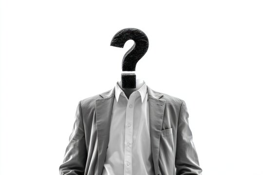 Man with question mark for head wearing business suit.