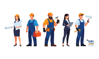 Obraz premium Construction workers team standing with tools and equipment