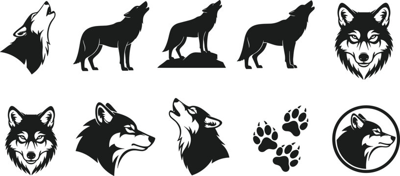 WebHowling wolf silhouettes and wild coyote head vector icons set with paw prints, animal mascot emblems for wilderness graphics isolated on white background.
