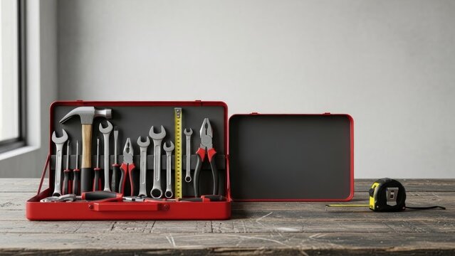A red toolbox with various metal tools and a tape measure on a wooden surface