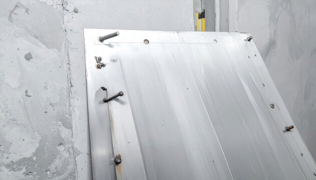 A slightly oxidized zinc metal sheet propped against a grey concrete wall with visible hardware