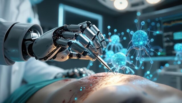Robotic surgery scene; a robotic arm delicately manipulates tiny glowing spheres over a patient's wound